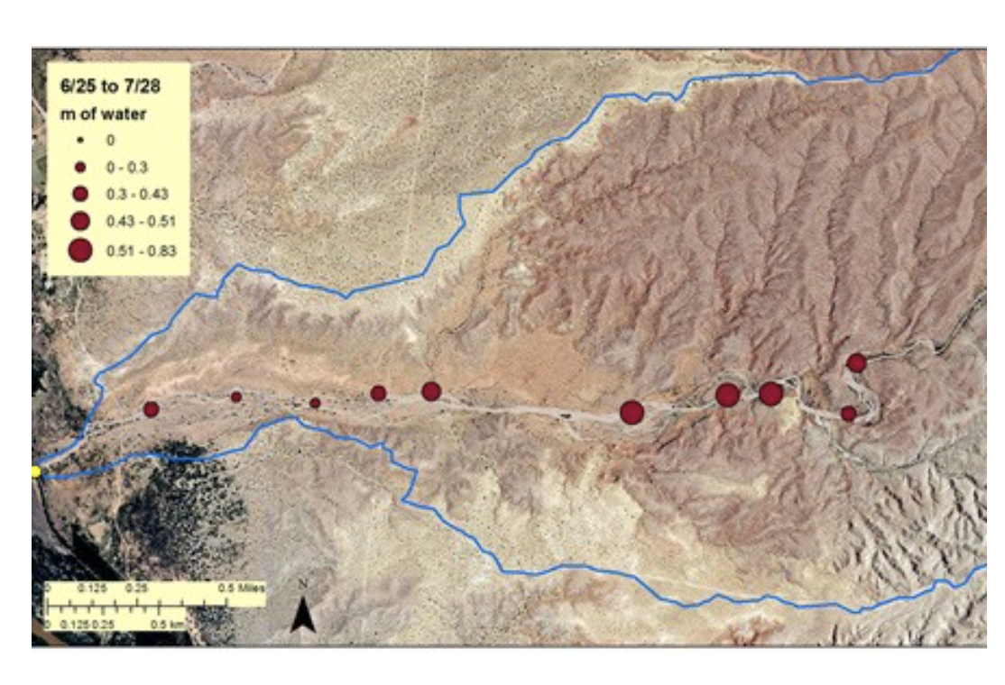 A map showing estimates of recharge along an ephemeral wash from repeat gravity measurements